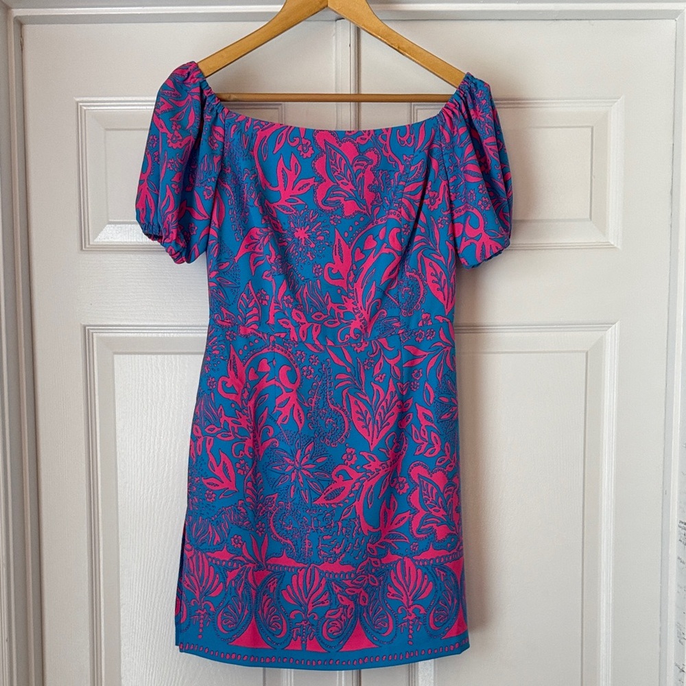 Stunning Lilly Pulitzer Floral Off-Shoulder skirted romperDress in Blue and Pink